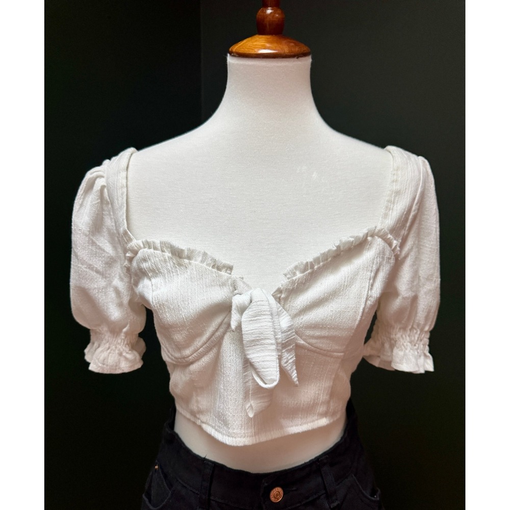 Polly Tie Front Crop Top Ruffle Trim Square Neck Short Sleeve Boho Top Women's S